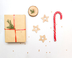 Christmas minimal composition - from natural classic Christmas decorations. a top view of a flat layout.