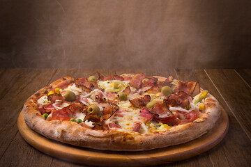 Delicious Portuguese Pizza made with ham, pea egg, heart of palm, pepperoni, onion and mozzarella...