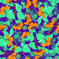 Beautiful combination of dimmed and muted colors. Botanical seamless pattern for cards textile. Vector pattern. Colorful flower and leaves with branches.

D