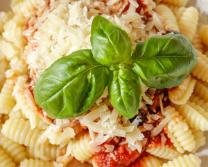 Pasta with tomato sauce Parmesan and basil close up