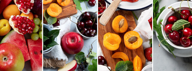 Food Collage of various fruits and berries.