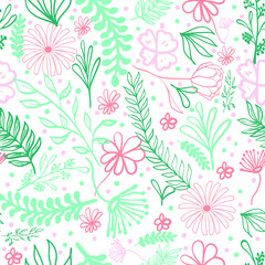 Seamless pattern with muted rainbow colors of green and red shades with flowers and leaves and braches.