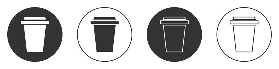 Black Coffee cup to go icon isolated on white background. Circle button. Vector Illustration.