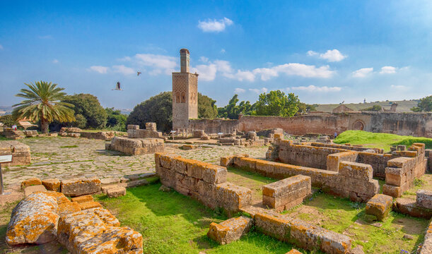 Minaret of the mosque in Chellah or Sala Colonia is a medieval fortified necropolis located in Rabat, Morocco. Rabat is the capital of Morocco , Africa. Park full of old ruins and history forum