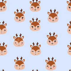 Fototapeta premium Reindeer kawaii style seamless pattern, Baby deer on a light blue background