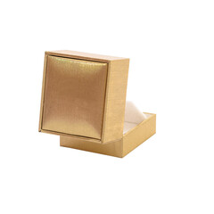 Open gold gift box isolated on white. Back view. Surprise concept.