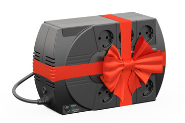 Naklejka premium Uninterruptible power supply, UPS with ribbon and bow, gift concept. 3D rendering