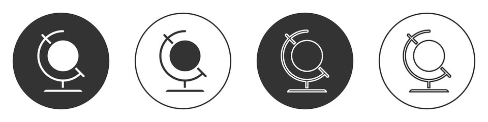 Black Earth globe icon isolated on white background. Circle button. Vector Illustration.