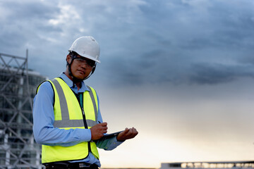 Engineering Consulting on construction site holding tablet in his hand with copy space. Management in business workflow and Building inspector with BIM technology in Construction Project.