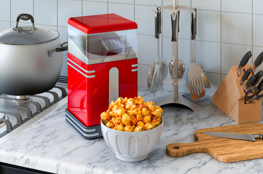 Popcorn maker on the kitchen table. 3D rendering