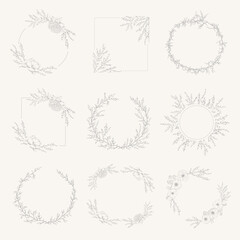 Set of doodle hand drawn decorative wreath with branch, herb, plant, leave and flower, floral.