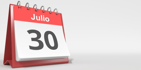July 30 date written in Spanish on the flip calendar, 3d rendering