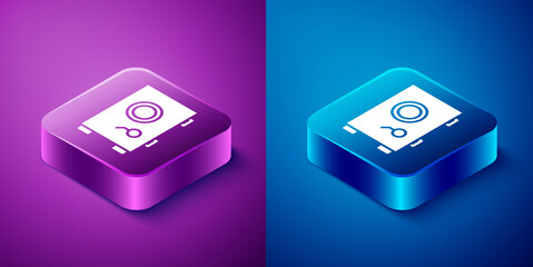 Isometric Safe icon isolated on blue and purple background. The door safe a bank vault with a combination lock. Reliable Data Protection. Square button. Vector Illustration.