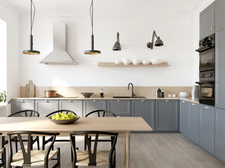 3d rendering of a beige and grey Scandinavian style kitchen with beige marble and a wooden table with black chairs.   © Michael
