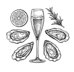 Glass of champagne and oysters. - 392466841