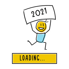 Cute little character happily announcing the new year approaching. Loading Bar almost reaching 2021.