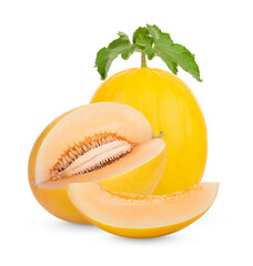 Cantaloupe with separate leaves on a white background