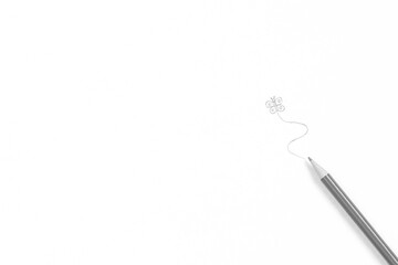 A minimalistic abstract black and white portrait of a drawn butterfly on a white background with a drawing pencil beneath it entering the frame from the corner.
