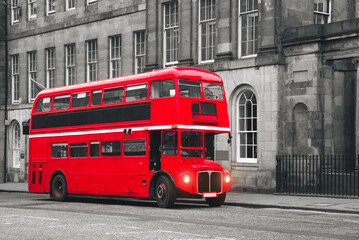Fototapeta na wymiar Classic Old Red Double Decker Bus in street of Edinburgh, Scotland