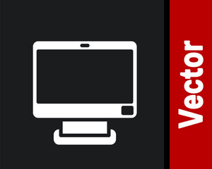 White Computer monitor screen icon isolated on black background. Electronic device. Front view. Vector.