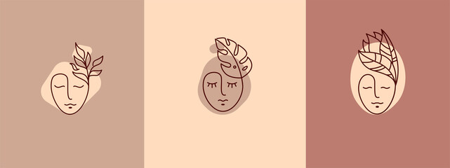 Vector image. Logo for business in the industry of beauty, health, personal hygiene. Beautiful image of a female face. Linear stylized image. Logo of a beauty salon, health industry, makeup artist.