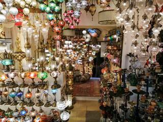 View of Turkish lamps displayed on a store