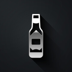 Silver Tabasco sauce icon isolated on black background. Chili cayenne spicy pepper sauce. Long shadow style. Vector.