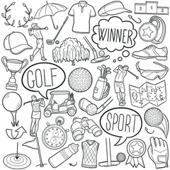 Golf doodle icon set. Sports Tools Vector illustration collection. Banner Hand drawn Line art style.