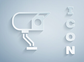 Paper cut Security camera icon isolated on grey background. Paper art style. Vector.