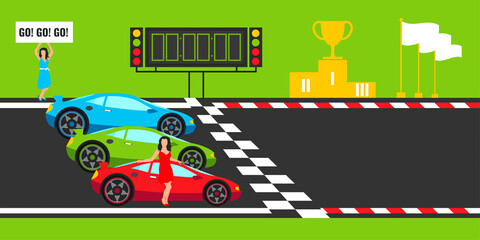 Start and finish on road and red, blue, green racing car on track. Vector illustration