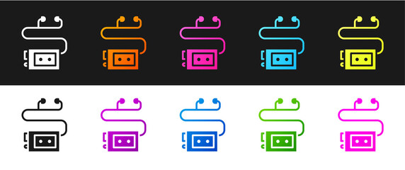 Set Museum audio guide icon isolated on black and white background. Headphones for excursions. Vector.