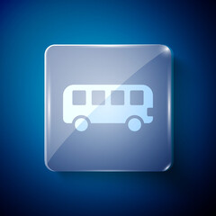 White Bus toy icon isolated on blue background. Square glass panels. Vector.