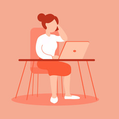 Businesswoman at table in front of computer monitor talking on phone in hand. Secretary solves problems issues. Woman in business suit. Office worker. Vector flat illustration in pink colors