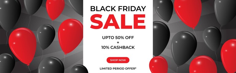 Fototapeta na wymiar Black Friday offer Sale banner for advertisement, flyer with balloon on beautiful bokeh background.