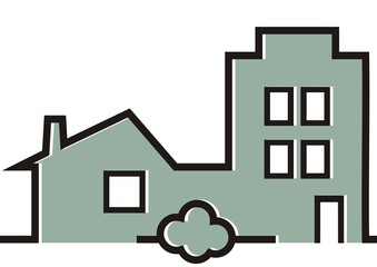 Modern house, greenery, gray vector icon, silhouette