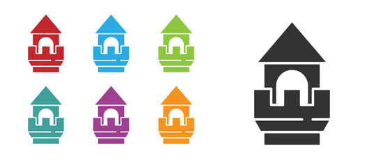 Black Castle tower icon isolated on white background. Fortress sign. Set icons colorful. Vector.