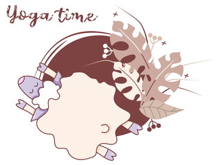 Yoga time. A cute lamb is engaged in yoga, lying stretching in an asana, fitness and hobbies. Yoga farm animals - Sheep on a decorative background with tropical leaves and decor. Vector. Isolated