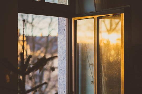 opened window for air ventilating aerosols while christmas lockdown