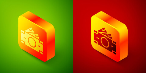 Isometric Stacks paper money cash icon isolated on green and red background. Money banknotes stacks. Bill currency. Square button. Vector.