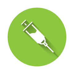 White Doping syringe icon isolated with long shadow. Green circle button. Vector.