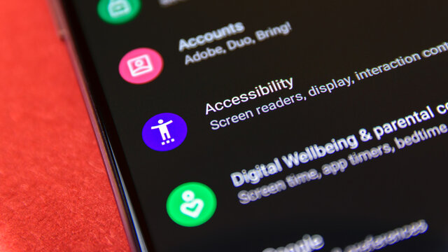 CLUJ, ROMANIA - JUL 15, 2019: Accessibility in the Android 9 settings menu. Accessibility  illustrative editorial