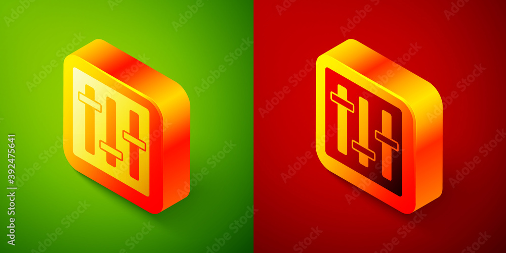 Poster isometric sound mixer controller icon isolated on green and red background. dj equipment slider butt