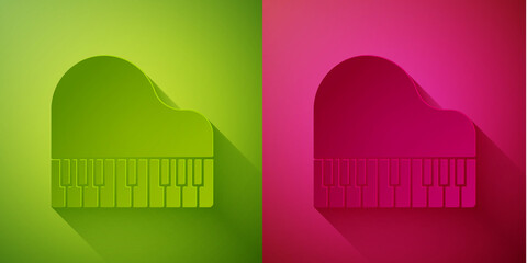 Paper cut Grand piano icon isolated on green and pink background. Musical instrument. Paper art style. Vector.