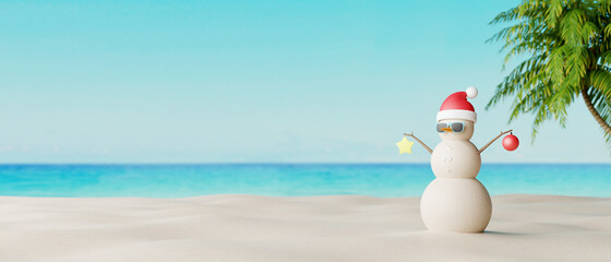 Snowman made from sand on beautiful tropical beach. Summer New year concept 3d render 3d illustration