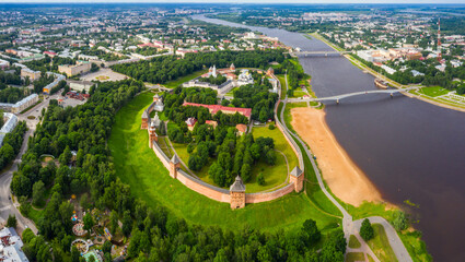 View of the beautiful ancient Veliky Novgorod, the old part of the city and the Kremlin in summer...
