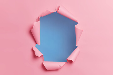 Torn ripped pink background with hole in center for your advertising content or promotion. Blank space to insert object. Absract horizontal shot. Breakthrough concept. Nobody at image. Through paper - obrazy, fototapety, plakaty