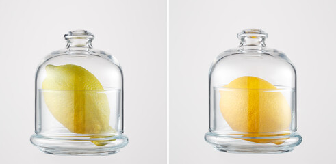 Fresh lemon is stored in a glass container with a dome.