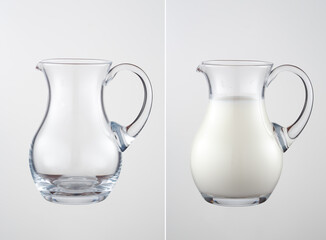 Glass jug with milk and empty. A set of images on a gray background.