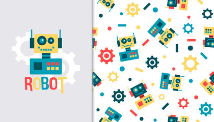 Fototapeta premium Seamless pattern with Playful Robot Character. Vector Illustration.