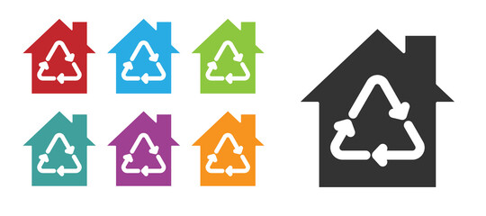 Black Eco House with recycling symbol icon isolated on white background. Ecology home with recycle arrows. Set icons colorful. Vector.